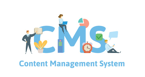 CMS, content management system. Concept with keywords, letters and icons. Colored flat vector illustration. Isolated on white background.