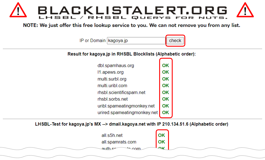 blacklistalert.orgでの検索結果の画面表示
