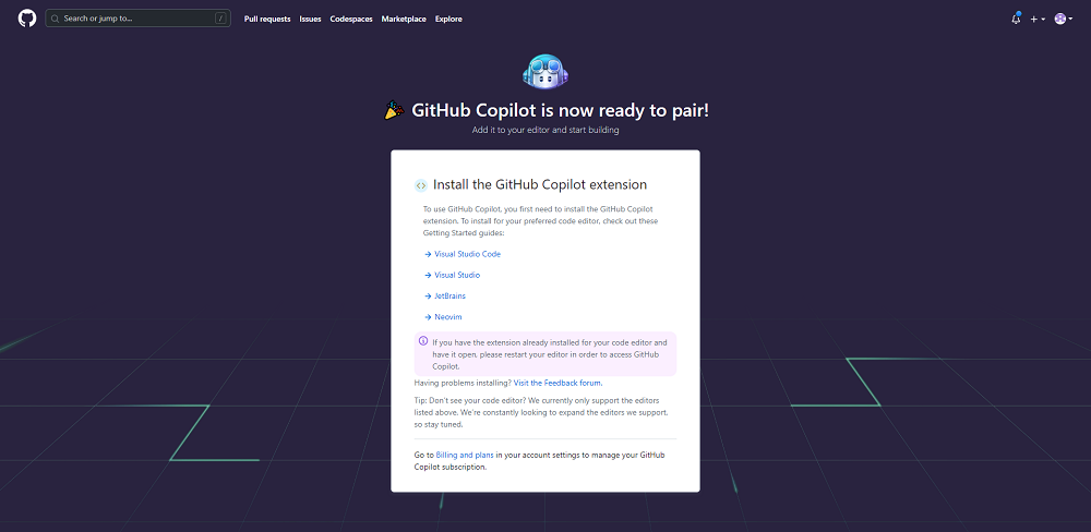GitHub Copilotの申込完了画面